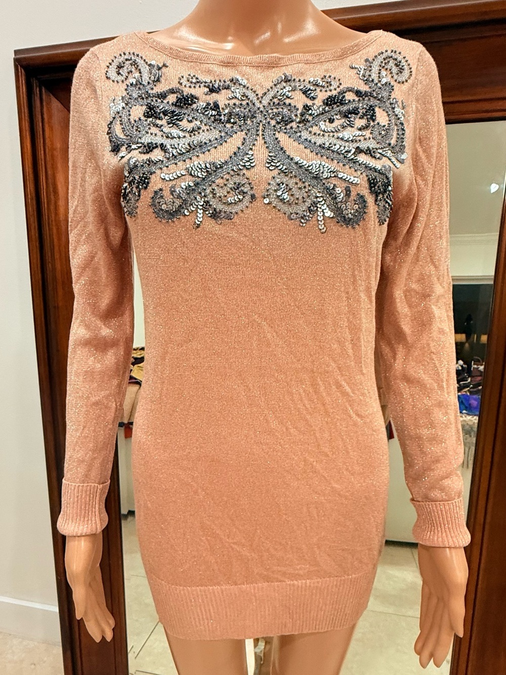 Vintage CACHÉ Metallic Rose Gold Sequin Scroll Knit Sweater Top M